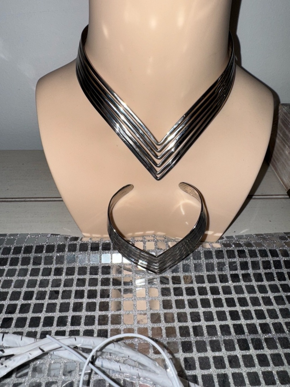 Vintage Silver Collar Necklace & Cuff Bracelet, Tribal V-Shape Set